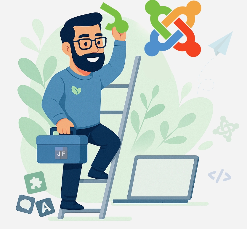 کاراکتر مرد متخصص با یونیفرم برند JFull در حال بالا رفتن از نردبان و تکمیل لوگوی جوملا با جعبه ابزار افزونههای JFull در دست، به همراه المان برگ و نماد افزونهها، در پسزمینه فلت و رنگی مطابق هویت بصری سایت